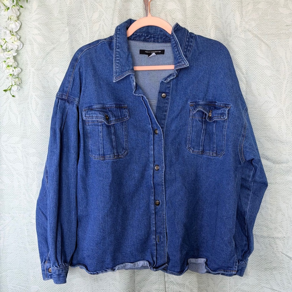 French Connection Womens XL Blue Denim Oversized Button Down Shirt Shacket